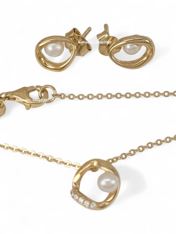 New 100% PANDORA 14K Gold Org Sparkle Pearl Necklace Earrings Jewlery Gift Set - Image 4 of 4