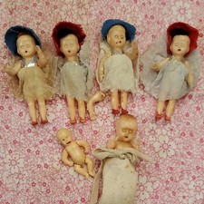 6 Vintage Celluloid Jointed Arms Dolls Lot Sleepy Eyes 1-7/8" - 3"