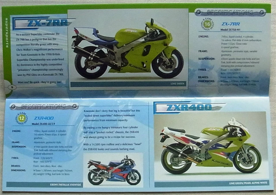 KAWASAKI MOTORCYCLES RANGE Sales Brochure For 1999 ZX-9R ZX-7RR GT550 GPZ500S + - Image 3 of 4