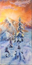 Original Öl Bild, 50x100, Winterlandschaft, Abstrakt, Sonnenuntergang, Berge