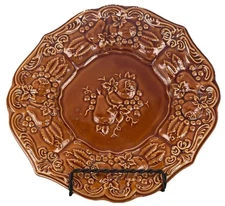 8” Honey Amber Decorative Plate Raised Grapes,Pears & Leaves Scalloped Edges EC