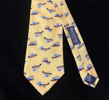 Burberrys of London 100 Silk Tie Airplane Print Tan Blue Novelty Vintage