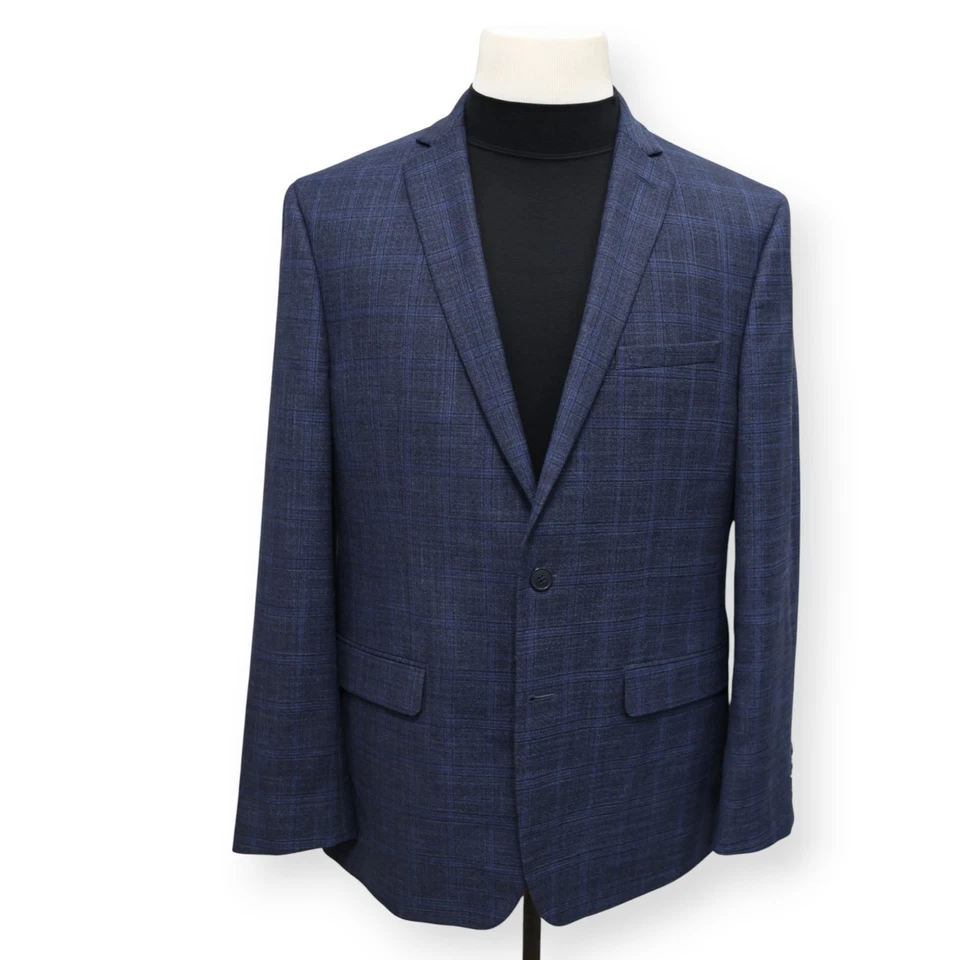VAN HEUSEN mens blue plaid sport coat suit jacket blazer SLIM FIT 44 R - Image 2 of 4
