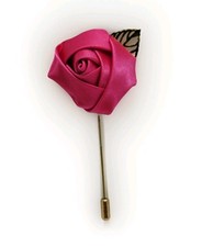 Rose Red Satin Rose Lapel Pin with Gold-Tone Leaf   Classic Boutonniere Stick