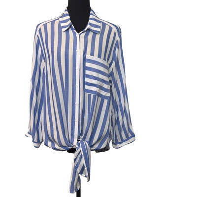 Lost+Wander Striped Button Up Shirt Blue White Tie Front Roll Tab Sleeve Size M