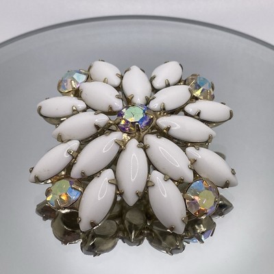 Vintage MCM Prong Set White Navette Round AB Rhinestone Gold Tone Brooch Pin