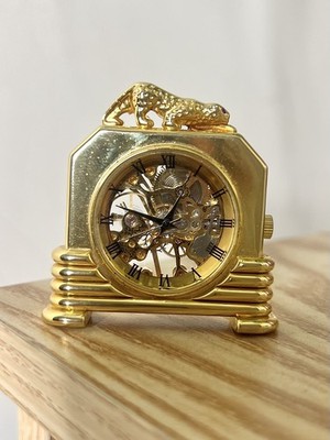 Vintage goldfarbene Miniaturuhr Leopard mit Rubinaugen Handaufzug 