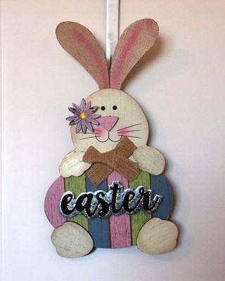 Wood Bunny Rabbit Easter Egg Sign Wreath Door Decor NEW