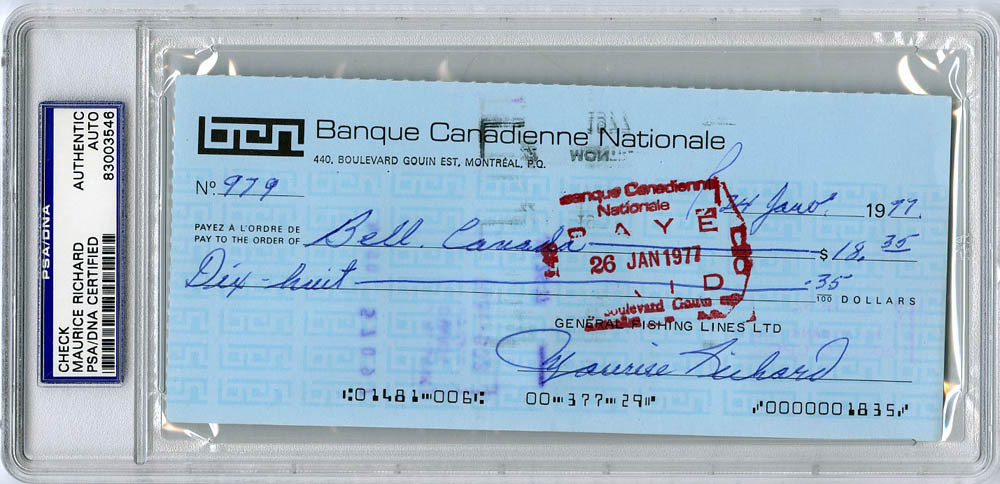 Maurice Richard SIGNED CHECK Montreal Canadiens (DEC) PSA/DNA AUTOGRAPHED