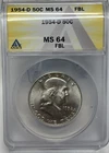 1954-D Franklin Half Dollar - 90% Silver ANACS MS64 FBL