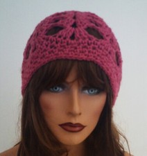 NEW ROSE PINK OPEN WEAVE BEANIE HAT HAND MADE CROCHET BERET SKULL CAP