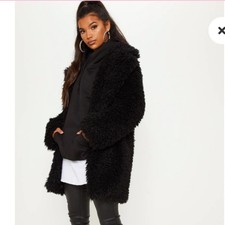 Prettylittlething Black Faux Fur Teddy Coat Size 10