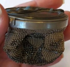Antique Silver Metal Top Coin Crochet Silver Beaded Purse Art Nouveau Victorian