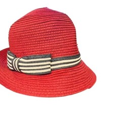 Vintage Red Bucket Hat Striped Bow Sunhat Preppy Nautical Coastal Casual EUC
