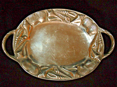 Metal SEASHELL Tray ~ Polished Cast Aluminum P 12'' Oval w. Handles ~ Used