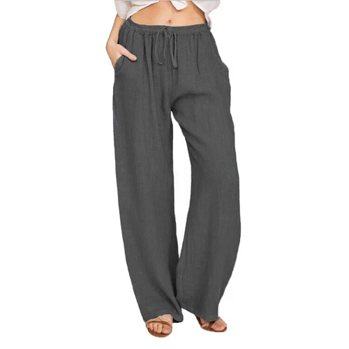 Women's Summer Drawstring Waist Wide Leg Loose Cotton Linen Palazzo Comfy Pants - Bild 8 von 43