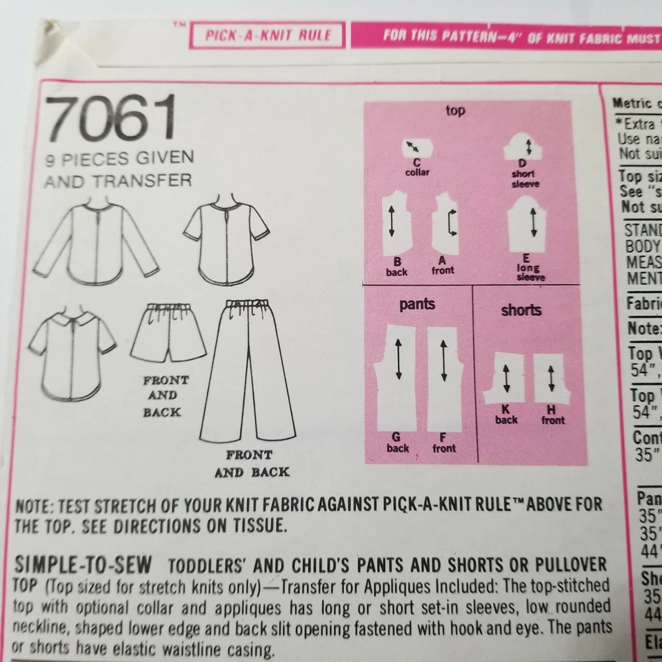 Simplicity 7061 Pants Shorts Pullover Top Sewing Pattern Boys Girls 4 4T UC VTG - Image 3 of 4