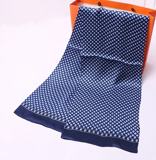 100% Silk men Scarf satin neckerchief Wrap plaid navy blue