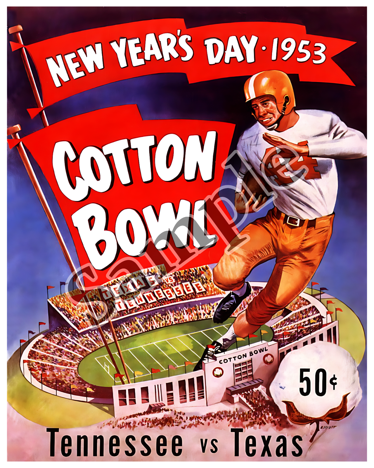 1953 Cotton Bowl Tennessee vs Texas Game Program Cover 8x10 Color Photo  