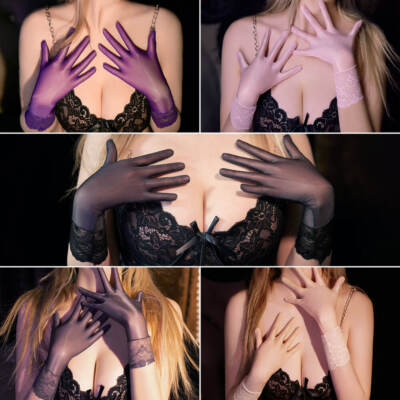 Women's Oil Shiny Glossy Short Gloves Lace Sheer Touchscreen Evening Party Glove