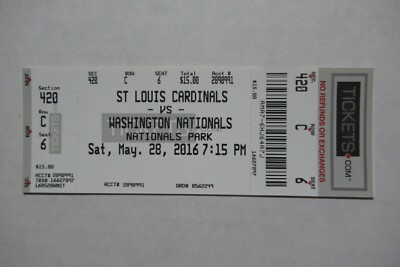NATIONALS VS CARDINALS 5/28/2016 FULL TICKET~ BRYCE HARPER HR / ZIMMERMAN 2 HRs