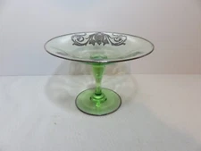 Vintage sterling silver overlay on green uranium glass compote