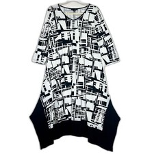 Sun Kim Midi Dress Size Medium Geometric Travel Artsy Lagenlook Hankerchief Hem
