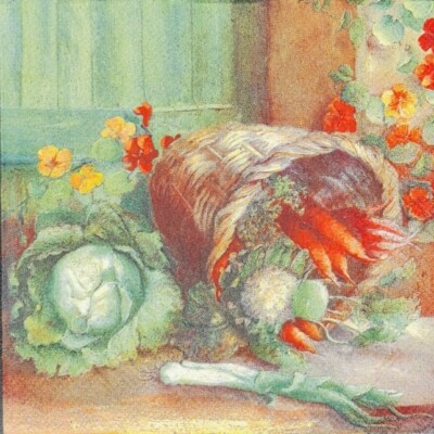TWO Individual Napkins Flower Vegetables Basket Garden Cocktail Decoupage (954)
