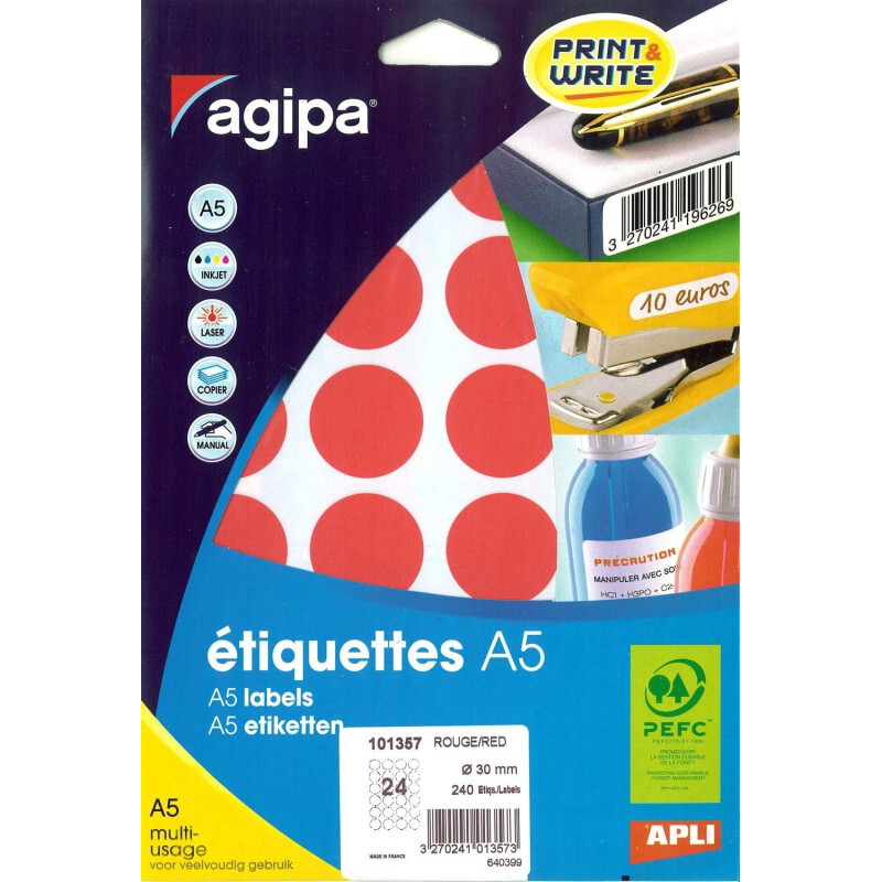 240 Gommettes Rondes - A5 - 30Mm De Diamètre - Rouge - Apli