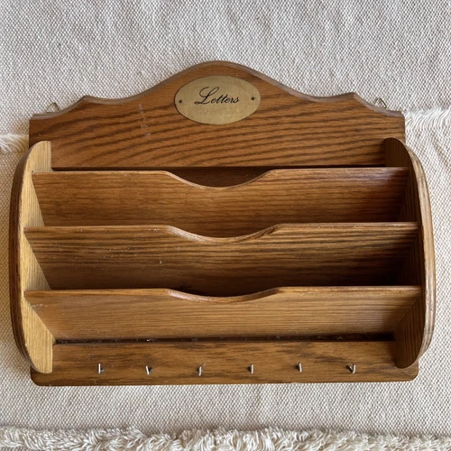 Vintage White Wooden Hanging Letter Mail Bill Key Holder Organizer
