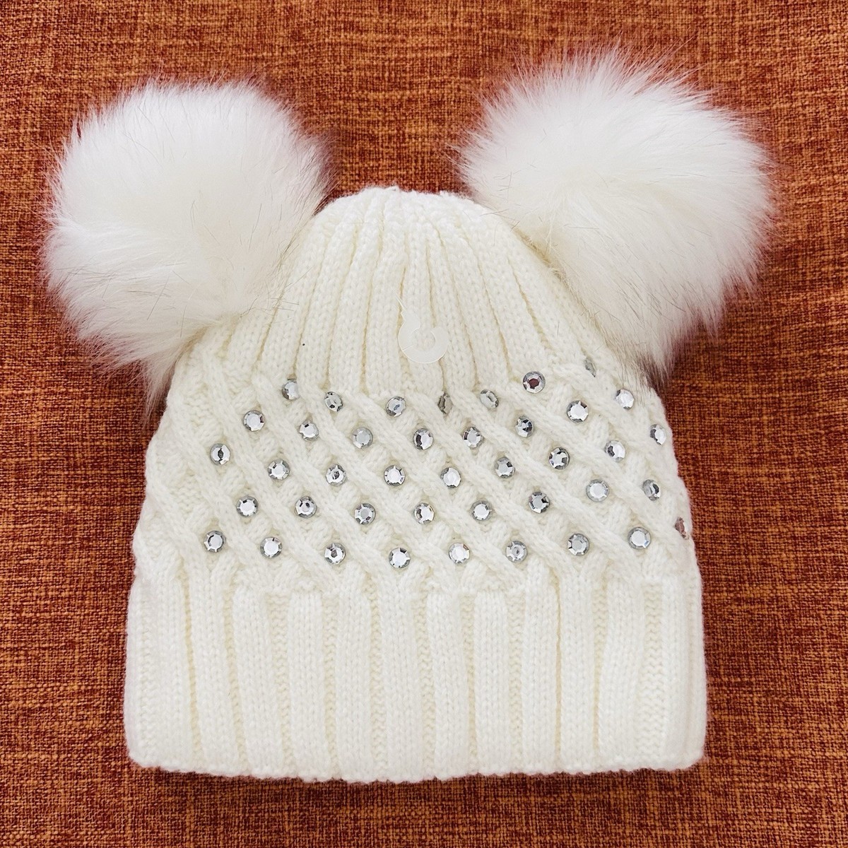 New Cream Knit Beanie w/Faux Fur Pom Poms Glitter, Warm Hat 
