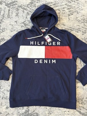 TOMMY HILFIGER Denim Brooks Logo Fleece Sweatshirt Hoodie Navy Blue Size XXL