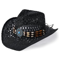 Straw Cowboy Hat Wide Brim for Men Women Summer Cowgirl Cowboy - Outdoor Sun