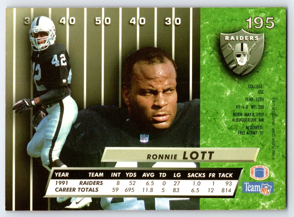 1992 Fleer Ultra #195 - Ronnie Lott  Los Angeles Raiders (NM) *HGCARDS* - Image 2 of 2