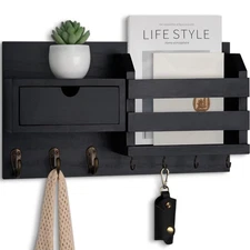 Wall Mount Key Holder with Organizer, 100 Paulownia Wood, 7 Metal Hooks, Stor...