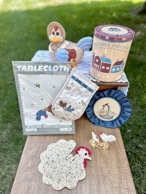 Vintage Chicken Farm Kitchen Bundle Decor Tin Doily Tablecloth Embroidery