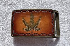 Belt Buckle Pot Leaf Marijuana Leaf Leather Interior Brass