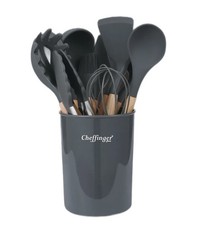 Cheffinger 12-tlg Küchenhelfer Kochbesteck Silikon Holzgriff Grau
