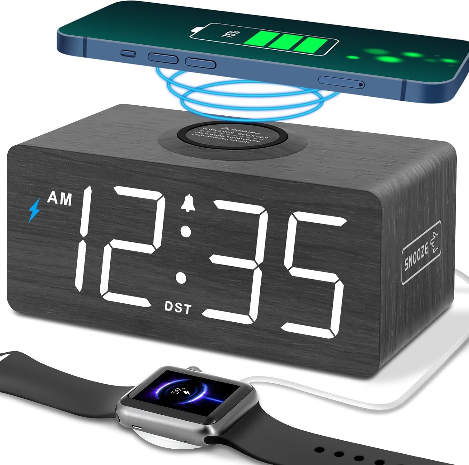 Wooden Digital Alarm Clock with Wireless Charging for Bedroom, Bedside Nightstan