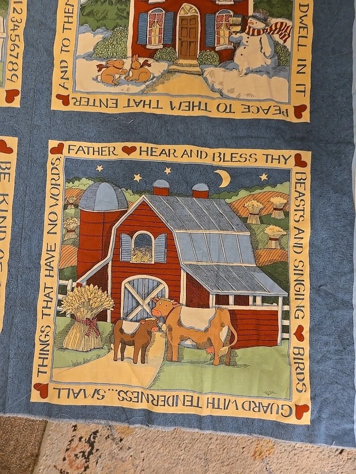 Vintage Cheater Quilt Fabric 44X 34 Or 4 Blocks By 15.5 Sq Country Building T - Image 4 of 4