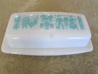 Vintage Pyrex Amish Butterprint Turquoise Butter Dish White Milk Glass 2 Pc