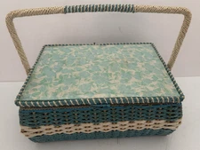 Vintage Large Woven Rattan Sewing Basket w/Contents 13" x 9-1/2" x 5-1/2" Tall