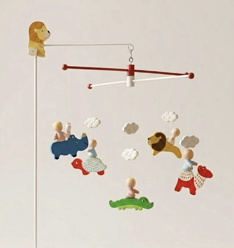 MCM Vintage Irmi Wood Crib Mobile Hand Painted Circus Zoo Animals Nursery