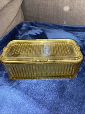 Federal Amber Glass Ribbed Refrigerator Dish W/ Matching Lid Vintage