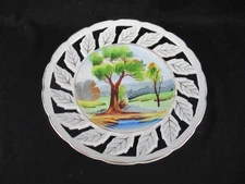 Vintage Porcelain Plate Hand Painted Landscape Scene With Cut Leaves