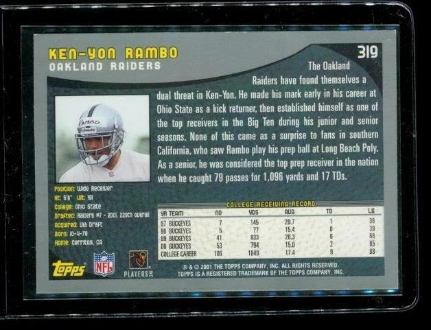 2001 TOPPS ROOKIE Football Trading Card #319 KEN-YON RAMBO Oakland Raiders - Image 2 of 2