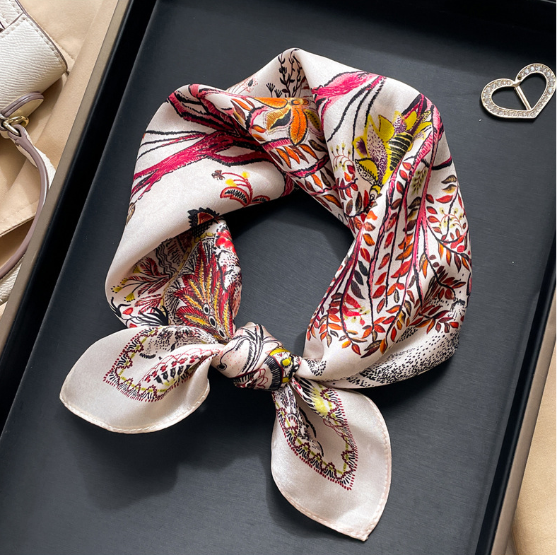 100% Mulberry Silk 20 Inch Square Scarf for Women Red Tree Print Neckerchief Wrap