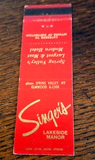 Vintage Matchbook: Singer's Lakeside Manor, Spring Valley, NY