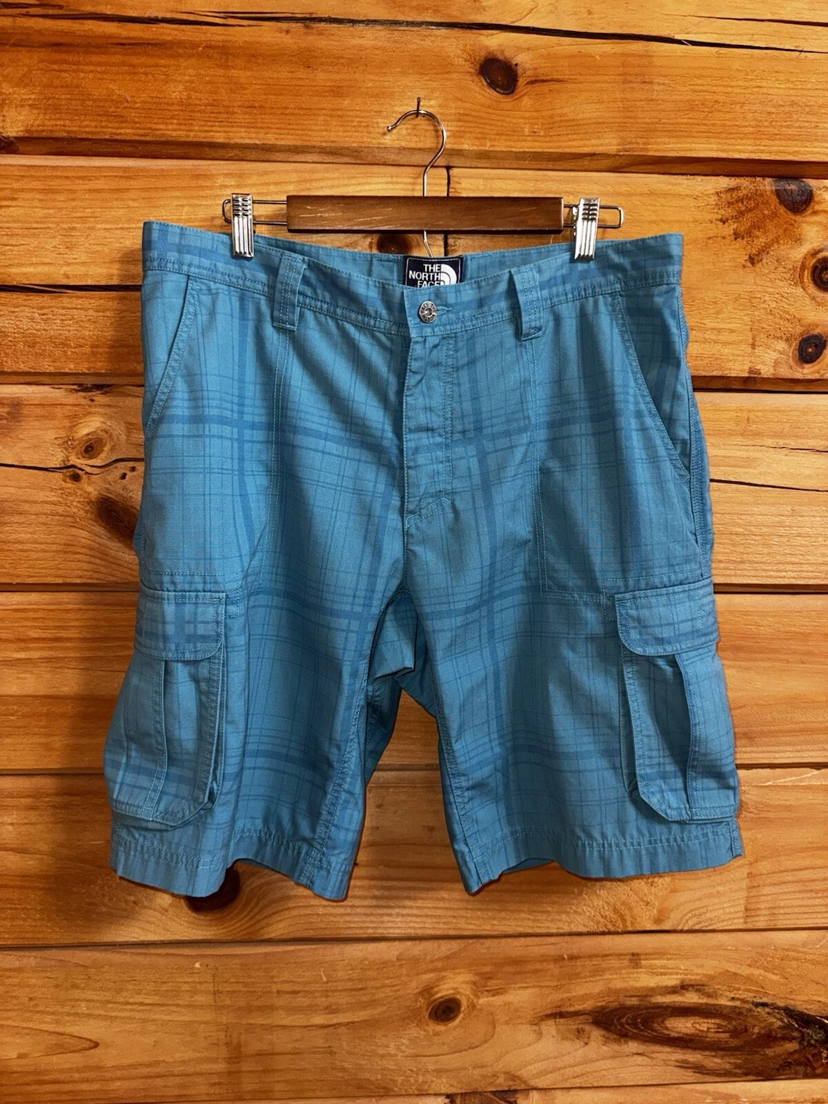 THE NORTH FACE MENS SIZE 36 x 11 CARGO RIPSTOP SHORTS BLUE PLAID HIKING OUTDOOR