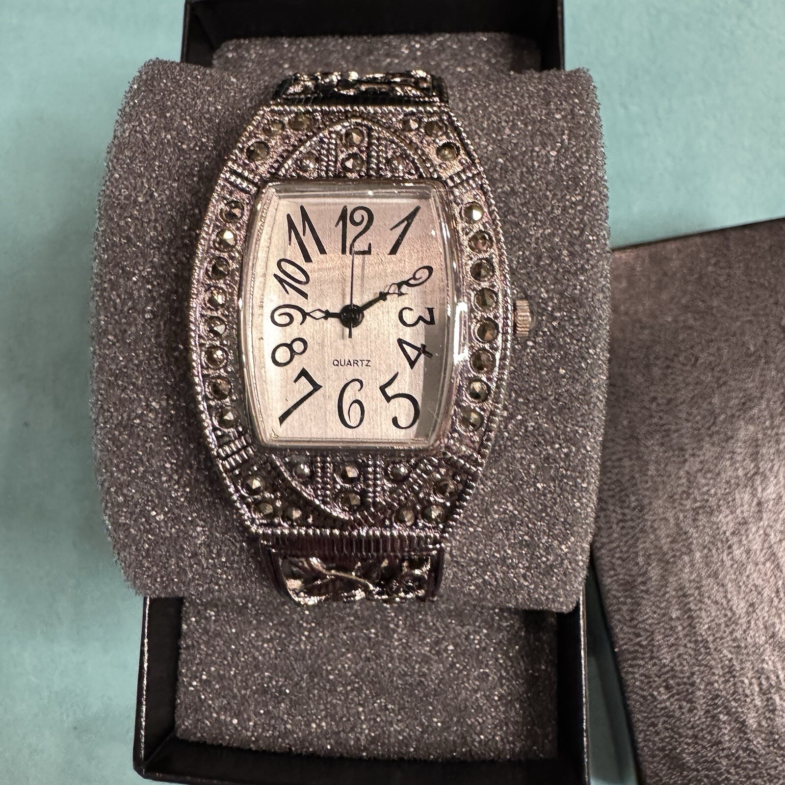 Vintage Marcasite Cuff Bracelet Watch Quartz Japan Movement Silver Tone